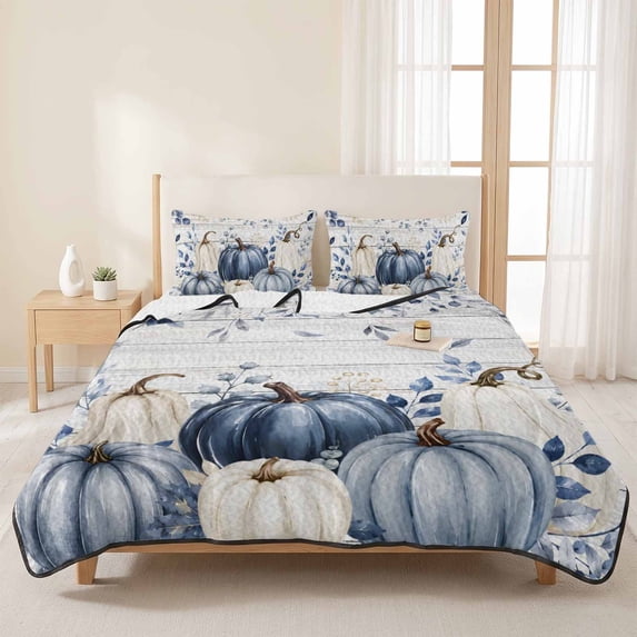 3 Pieces Queen Quilt Set,Thanksgiving Navy Pumpkin Soft Bedding Sets with 1 Quilt & 2 Pillow Shams,Eucalyptus Leaves on Farm Wood Summer Bedspread Lightweight Coverlet Comforter for All Season