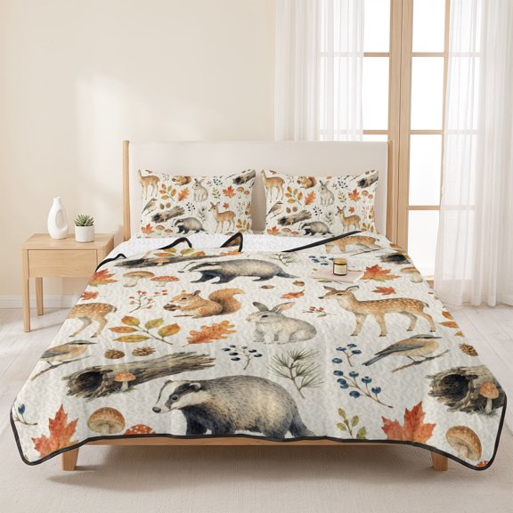3 Pieces Queen Quilt Set,Thanksgiving Rabbit Deer Squirrel Soft Bedding Sets with 1 Quilt & 2 Pillow Shams,Fall Maple Leaves Summer Bedspread Lightweight Coverlet Comforter for All Season