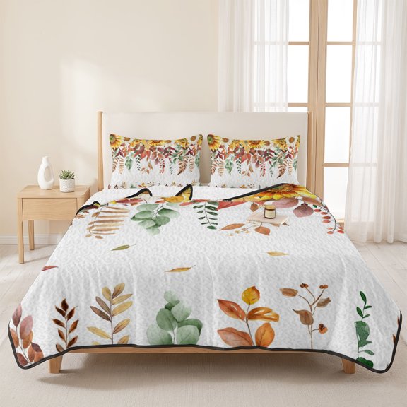 3 Pieces Queen Quilt Set,Thanksgiving Sunflower Autumn Fallen Leaves Soft Bedding Sets with 1 Quilt & 2 Pillow Shams,Watercolor Plant on White Summer Bedspread Lightweight Coverlet for All Season