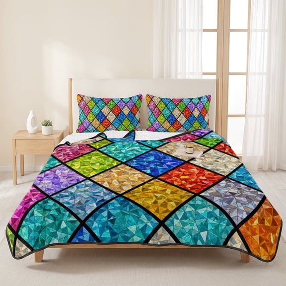 3 Pieces Queen Quilt Set,Traditional Diamond Tile Panes Soft Bedding Sets with 1 Quilt & 2 Pillow Shams,High-contrast Color Blocks Summer Bedspread Lightweight Coverlet Comforter for All Season