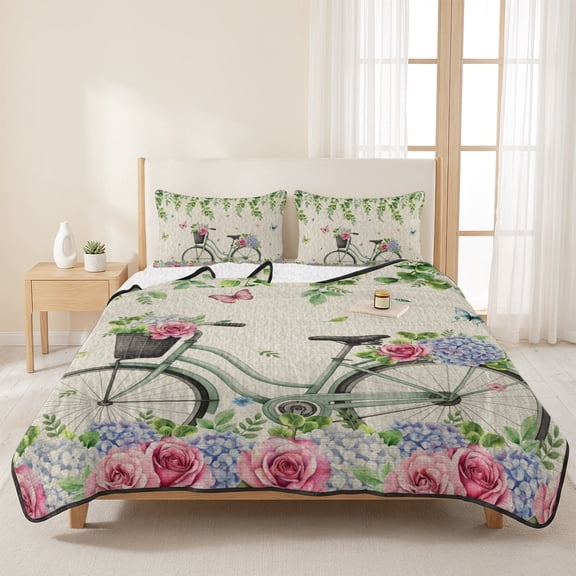 3 Pieces Queen Quilt Set,Vintage Bike on Linen Soft Bedding Sets with 1 Quilt & 2 Pillow Shams,Spring Jugal Leaves Roses Summer Bedspread Lightweight Coverlet Comforter for All Season