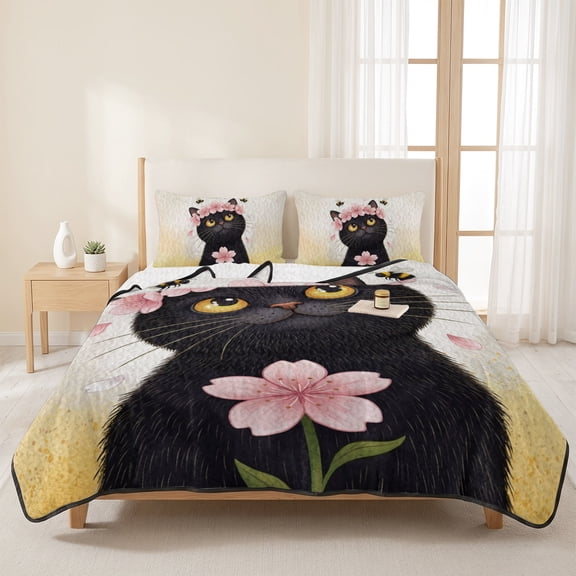 3 Pieces Queen Quilt Set,Watercolor Black Funny Kitty Soft Bedding Sets with 1 Quilt & 2 Pillow Shams,Farm Pink Flowers Bees Summer Bedspread Lightweight Coverlet Comforter for All Season