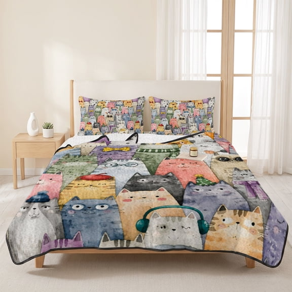 3 Pieces Queen Quilt Set,Whimsical Watercolor Stacked Cat Soft Bedding Sets with 1 Quilt & 2 Pillow Shams,Colorful Seamless Kitties Summer Bedspread Lightweight Coverlet Comforter for All Season