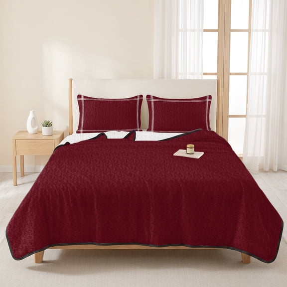 3 Pieces Queen Quilt Set,Wine Red Dark Maroon Soft Bedding Sets with 1 Quilt & 2 Pillow Shams,Burgundy Red Summer Bedspread Lightweight Coverlet Comforter for All Season