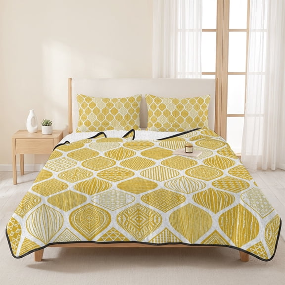 3 Pieces Queen Quilt Set,Yellow Bohemian Geometric Texture Soft Bedding Sets with 1 Quilt & 2 Pillow Shams,Abstract Moroccan Pattern Summer Bedspread Lightweight Coverlet Comforter for All Season