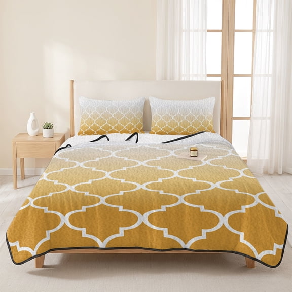 3 Pieces Queen Quilt Set,Yellow Gradient Moroccan Pattern Soft Bedding Sets with 1 Quilt & 2 Pillow Shams,White Stripes Buffalo Check Summer Bedspread Lightweight Coverlet Comforter for All Season