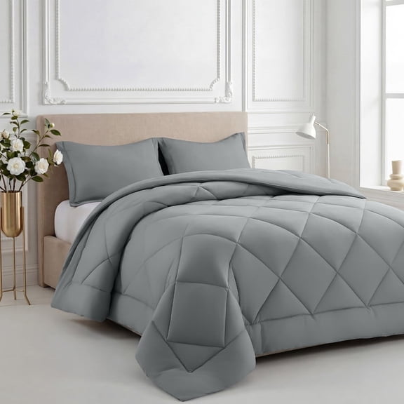 3 Pieces Queen Size Comforter Set, All Season Lightweight Breathable Bedding Set with 1 Down Alternative Comforter and 2 Pillowcases, Light Grey