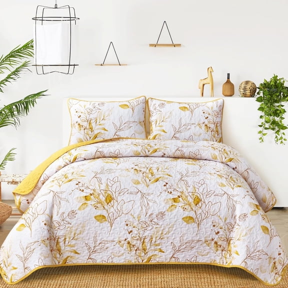 3 Pieces Queen Size Reversible Elegant Yellow Botanical Leaves Pattern Bedspread Coverlet for All Season
