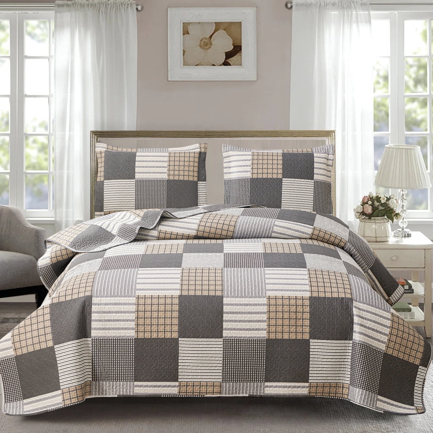 3 Pieces Quilt Bedding Set King Size,Soft Microfiber Brown Black Plaid Bedding Sets Lightweight Bedspread Reversible Coverlet Bed Cover(96"x108")
