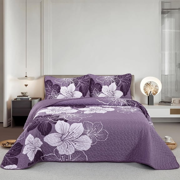 Bohemia Floral Quilt Set Cal King Size,3Pcs Purple Boho Bedding Set Soft Adult(106"x96")