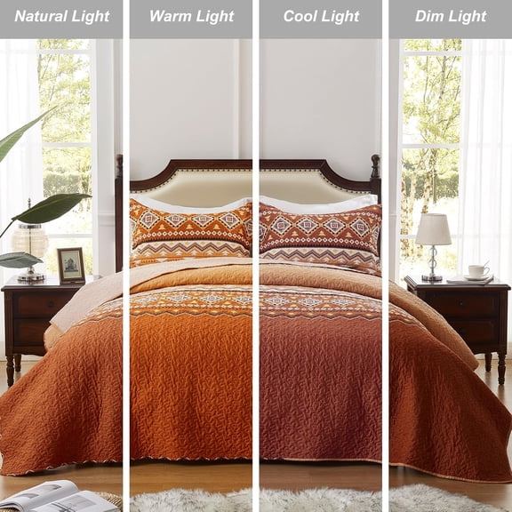 3 Pieces Quilt Set King Size Bedspread Burnt Orange/Rust Coverlet Lightweight Summer Comforter Microfiber Bohemian Bedding Set for All Season Oversized 98x106 Inch Bed Cover(1 Quilt, 2 Pillow Shams)