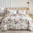 thumbnail image 1 of 3 Pieces Quilt Set King Size  Beige Floral Reversible Bedspread Coverlet Soft Microfiber Lightweight Bed Cover For All Season (102" X 90" 1 Quilt+ 2 Pillow Shams), 1 of 7
