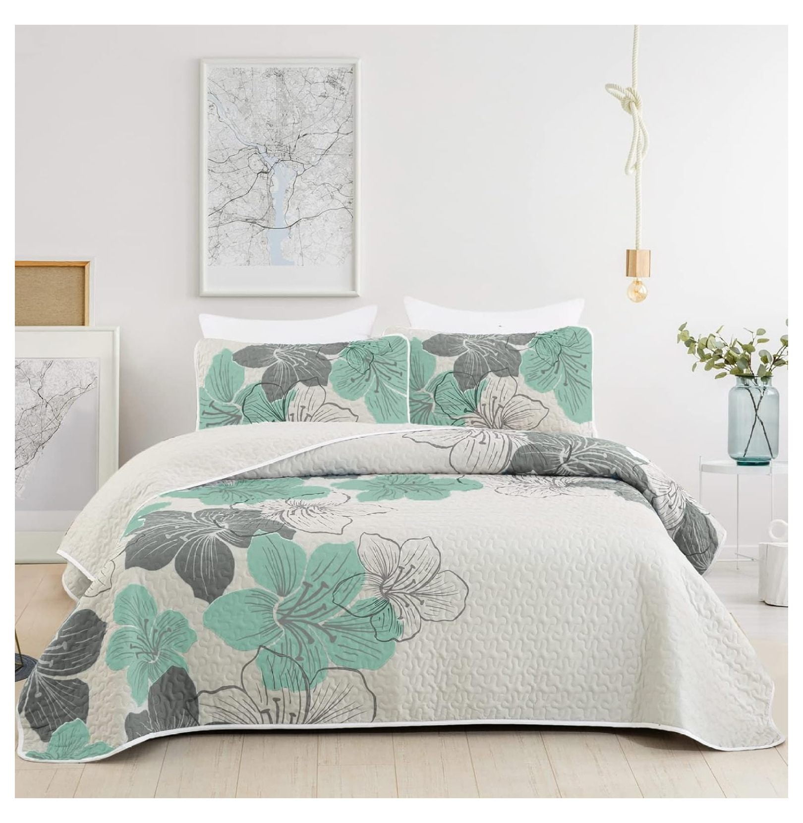3 Pieces Quilt Set Queen Green Floral Pattern Quilt Coverlet Bohemian