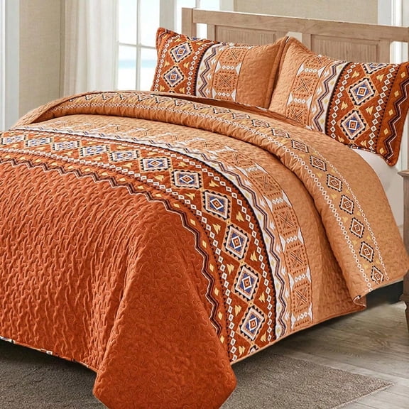 3 Pieces Quilt Set Queen Size Burnt Orange Rust Quilt Bedspread Lightweight Bohemian Coverlet Set With 2 Pillowcase Soft Pumpkin Geometry Printed Bedding Set For All Season 96*90