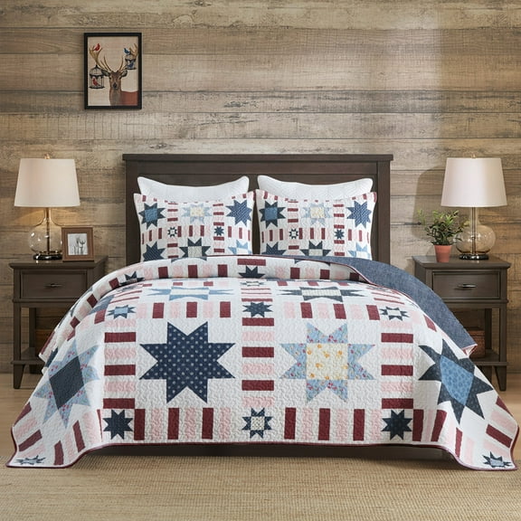 3 Pieces Quilt Set Soft Modern Style Star Rectangle Pattern Bedspread