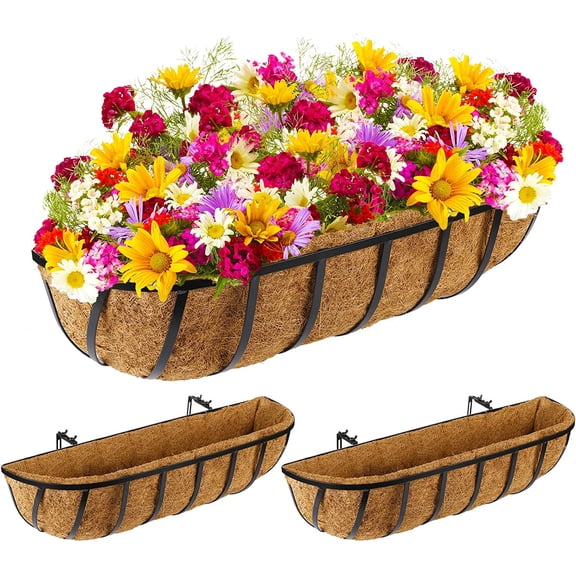 3 Pieces Railing Planter Boxes, 24 Inches Window Box Planters with Coco Liner and Adjustable Brackets for Deck Porch Fence Patio Balcony Gardening Outdoor Plants