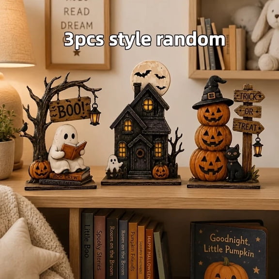 3 Pieces of Randomly Assorted Styles, Vintage Halloween Wooden Indoor Decorations, Can Be Used for Shelf Decoration, Featuring Elements Such as Ghosts, Black Cats, Pumpkins