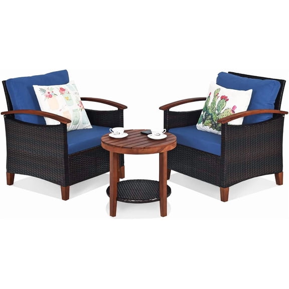 3 Pieces Rattan Furniture Set Outdoor Patio Conversation Set Wicker Sofa Set with Cushion & Acacia Wood Frame, Table & Chairs Set for Garden Poolside Balcony