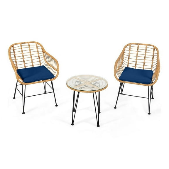Spaco 3 Pieces Rattan Furniture Set, Outdoor Patio Rattan Conversation Bistro Set with Cushioned Chair Table-Navy