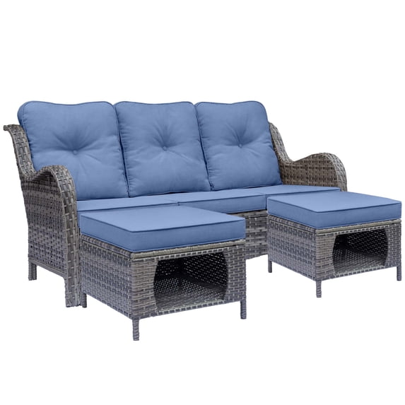 Fulljojor 3 Pieces Rattan Outdoor Patio Furniture Seating Sofa and Ottoman Set