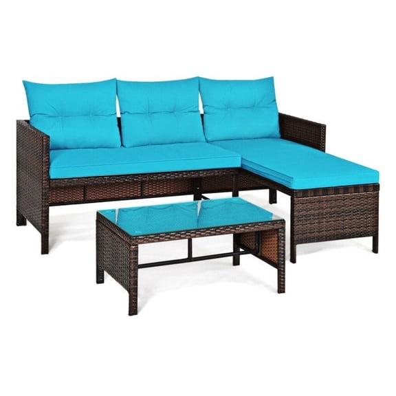 3 Pieces Rattan Sofa Set Outdoor Patio Furniture, Turquoise/Beige/Gray Wicker Sectional Couch with Glass Coffee Table, L-Shape Corner Lounge Set for Garden, Lawn, Backyard
