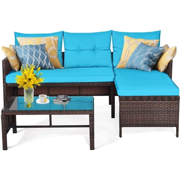 3 Pieces Rattan Wicker Patio Conversation Set, Outdoor Sofa Table Set with Steel Frame & Seat Cushion, Porch Furniture Set for Garden Lawn Pool Backyard