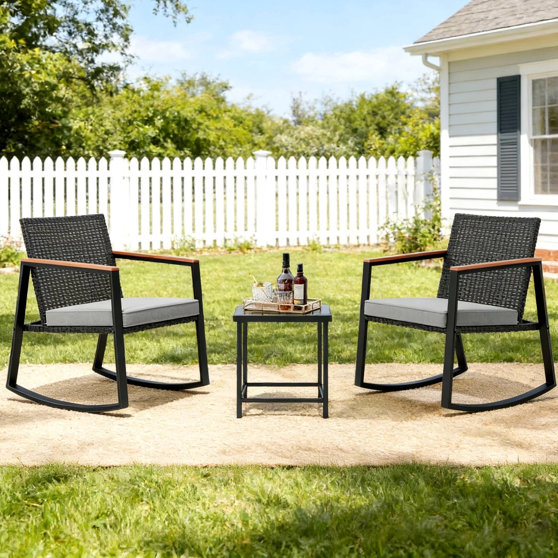 Lofka 3-Piece Rocking Patio Bistro Set, Outdoor Wicker Furniture Set with Tempered Glass Table & Chairs for Patio Balcony Porch, Gray