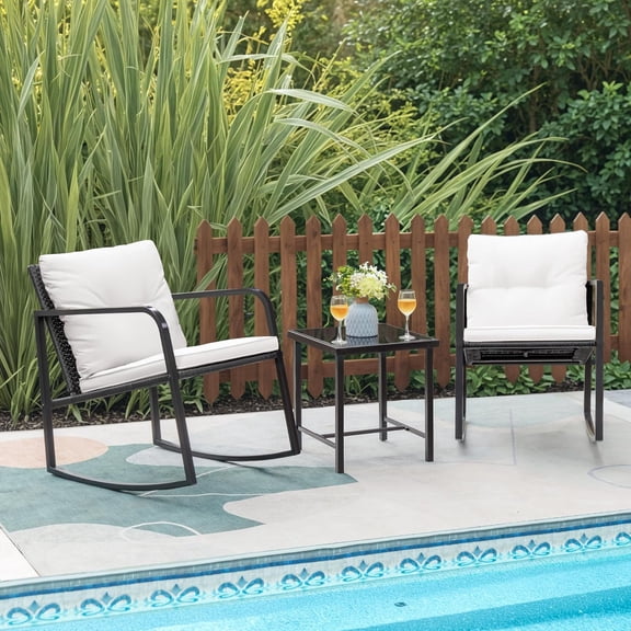 3 Pieces Rocking Rattan Wicker Bistro, Patio Furniture Set with Soft Cushion and Glass Coffee Table, Design for Poolside Yard Garden, Beige