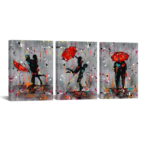 3 Pieces Romantic Couple Wall Art Dancing Under Red Umbrella Canvas Valentine's Day Gifts Paintings Rain Lover Artwork Prints for Home Couple's Room Decor Ready to Hang (Small)