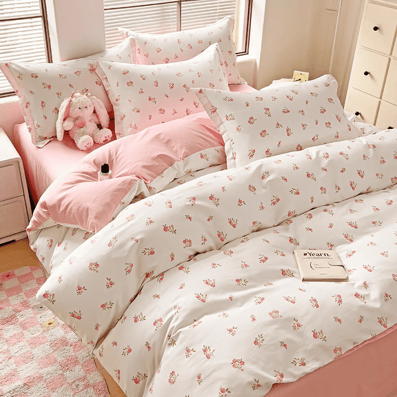 3 Pieces Romantic Girly style Spring Summer Garden Style Chic Botanical Flower Pattern Floral Pink Roses Reversible Duvet Cover,Queen Size