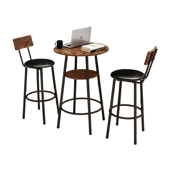 3 Pieces Round Bar Table and Chairs Set, Small Dining Table for 2 with 2-Tier Storage & 2 PU Upholstered Bar Stools for Kitchen, Dining Room, Living Room, Bar, Cafe, Small Space Corner, Rustic Brown