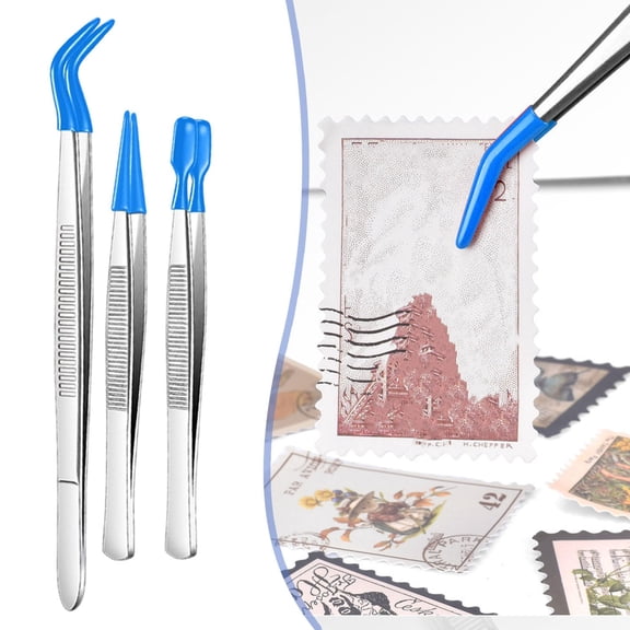 3 Pieces Rubber Coated Tweezers Set Stainless Steel Precision Tweezers Curved Flat Straight Soft Tip Anti Slip Craft Tweezers for Jewelry Making Electronics Repair DIY Crafts Hobby Tools, Blue