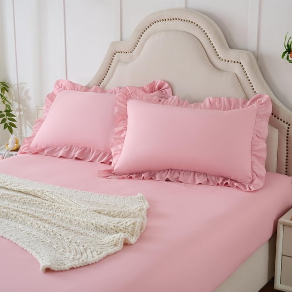 3-Pieces Ruffle Pillow Case & Fitted Sheet Set, Light Pink Queen Sheets with 2 Ruffled Pillow Shams, 15 Inch Deep Pocket, Cute & Coquette Microfiber Bed Set for Decorating Bedroom Hotel