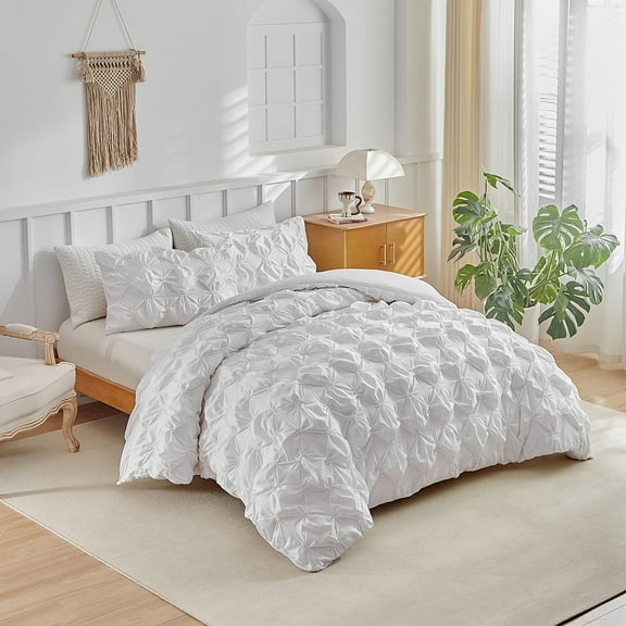 3 Pieces Rustic French Style Pinch Pleat King Duvet Cover Set White Pintuck Ruched Flowers Solid Luxury Bedding Sets