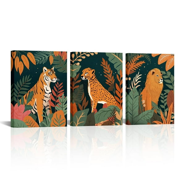 3 Pieces Jungle Animal Canvas Wall Art Leopard Tiger Lion Tropical Plant Picture Artwork for Bedroom Kids Room Home Decor Ready to Hang 12x16inchx3pcs