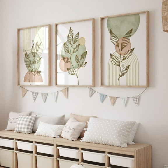 3 Pieces Sage Green Botanical Wall Art Canvas Prints Olive Green and Blush Pink Poster Painting Pictures for Livingroom Home Decor with Wooden Inner Frame