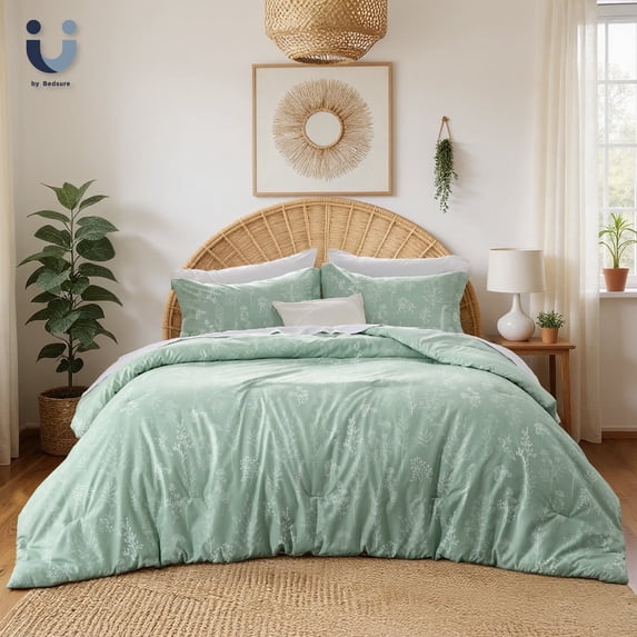 3 Pieces Sage Green Twin Floral Comforter Sets, Botanical Flowers Reversible Bedding Sets