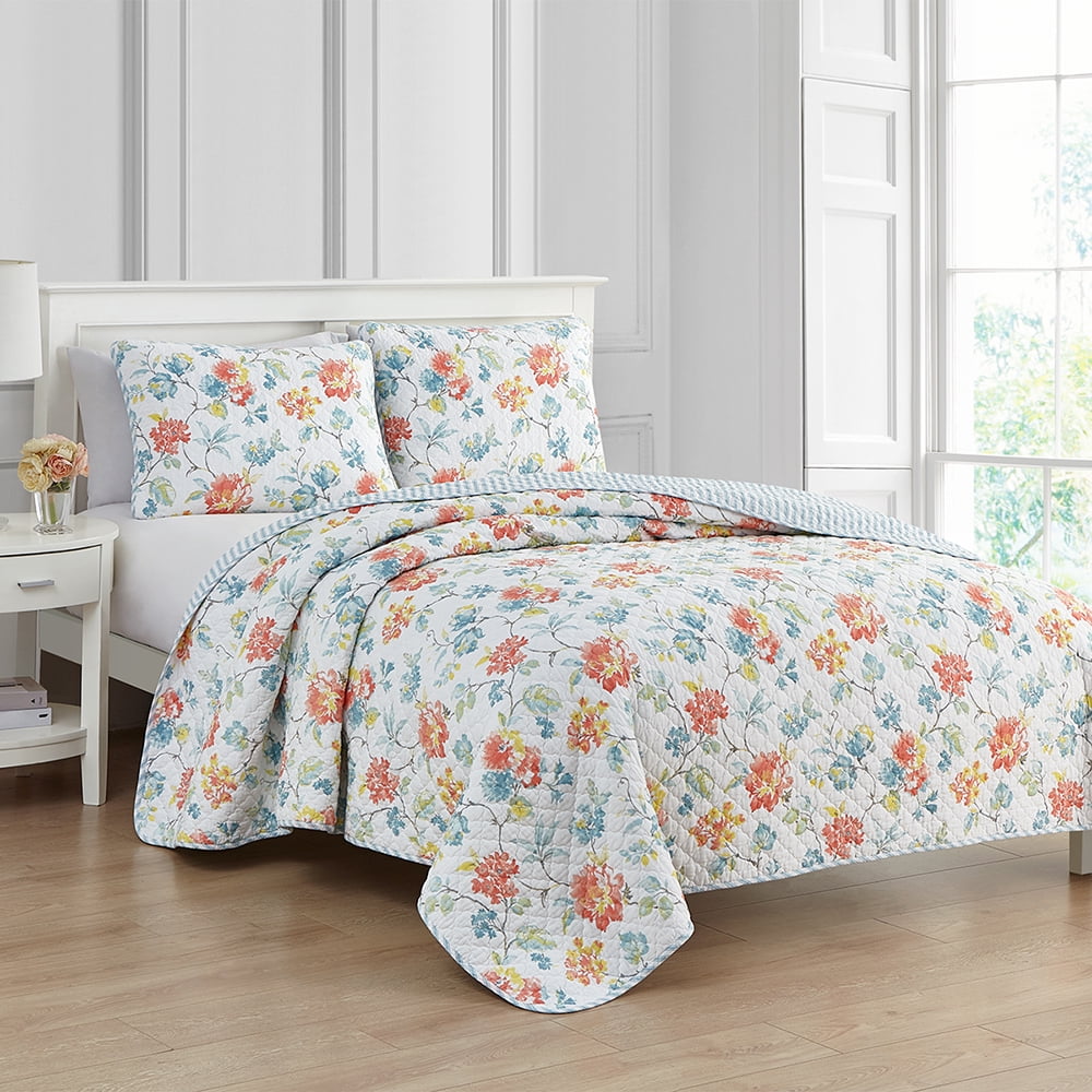 Paris Floral White Cotton Reversible King Quilt Set