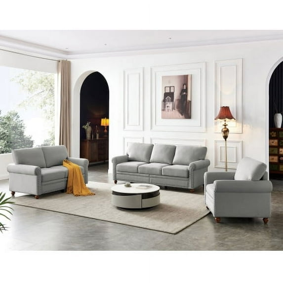 Living Room Sofa Set, Comfy Upholstered Single Sofa, Loveseat Sofa and 3-seat Sofa with Silver Nails Decoration, Lounge Couch with Armrest and Solid Wood Legs for Living Room and Bedroom, Gray