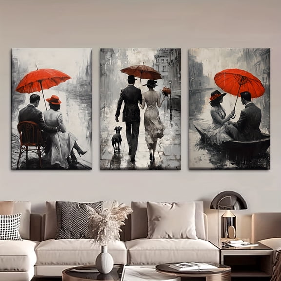 3 Pieces/Set, Canvas Painting - Frameless, Romantic Couple Holding Red Umbrella in the Rain Poster and Print, Living Room, Library, Office, Cafe, Bar, Abstract Art Frameless Art