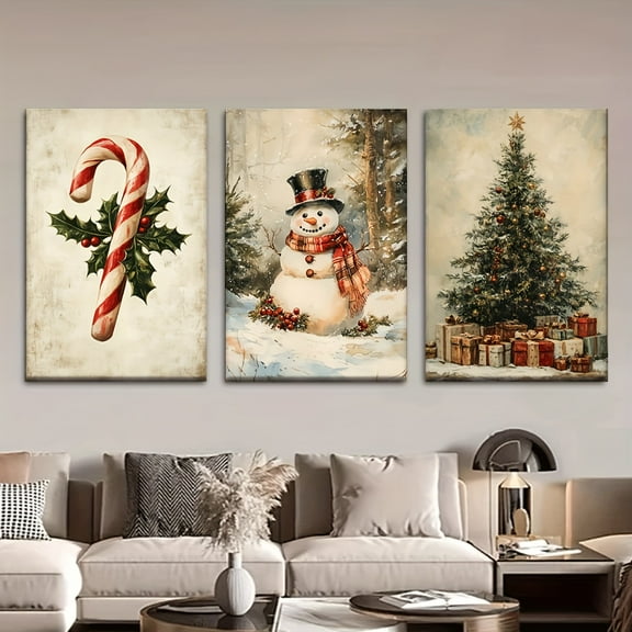 3 Pieces/Set, Canvas Painting Without Frame, Candy Cane, Snowman, Christmas Gift, Poster and Print, Frameless Art, Canvas Painting, Christmas Gift, Santa Claus