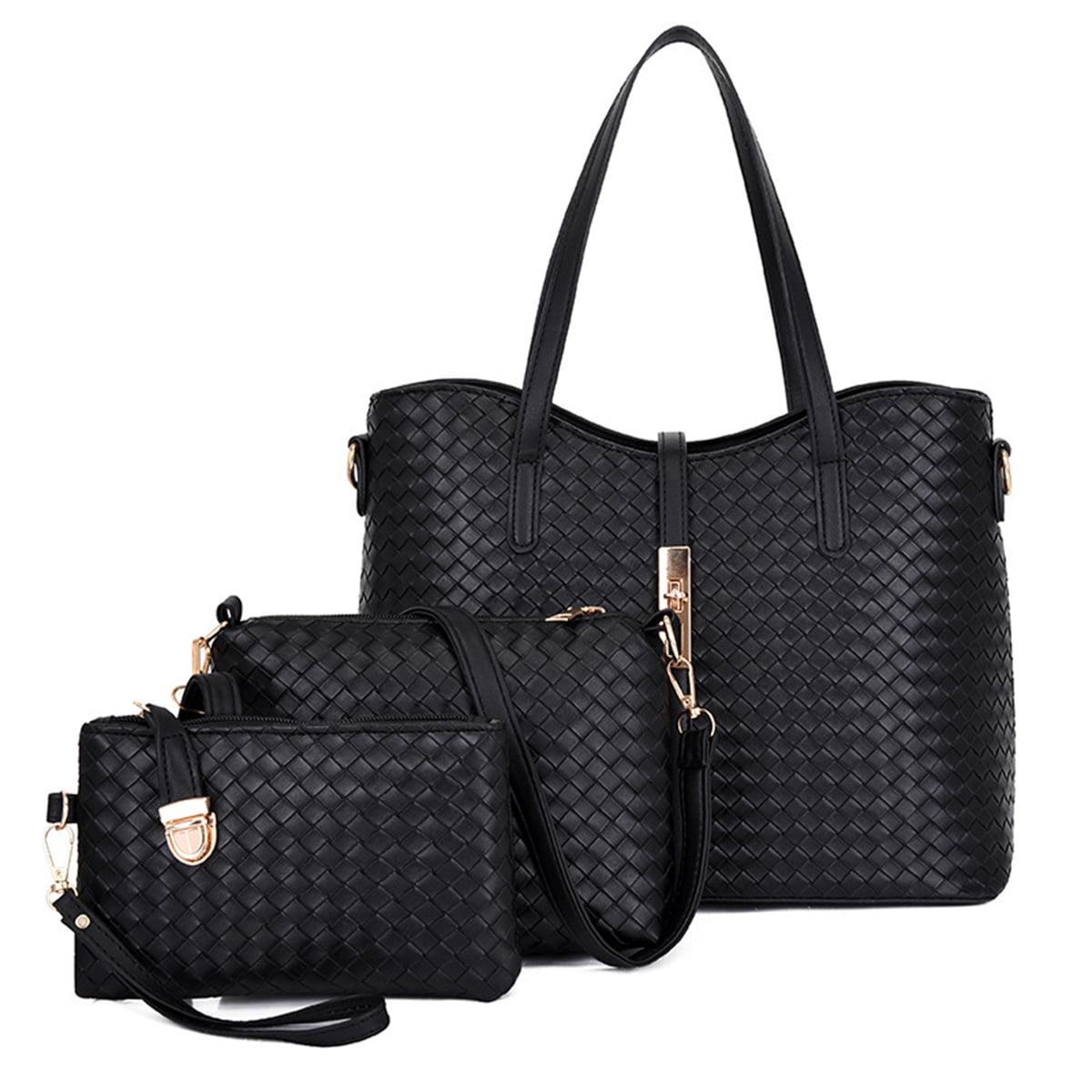 3 Pieces Set Women casual Tote Shoulder Large Shopper Bag Offce Handbags and Purses Black