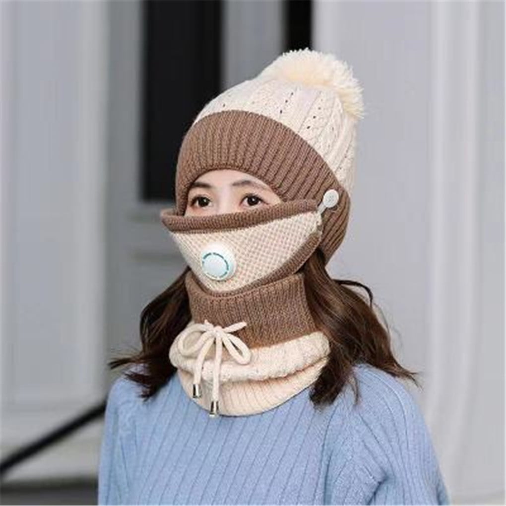 2-Piece Hat And Circle Scarf Set - Real Rex Rabbit Hair Winter Skull Cap With Flower & Neck Warmer, Frost Gray + Black
