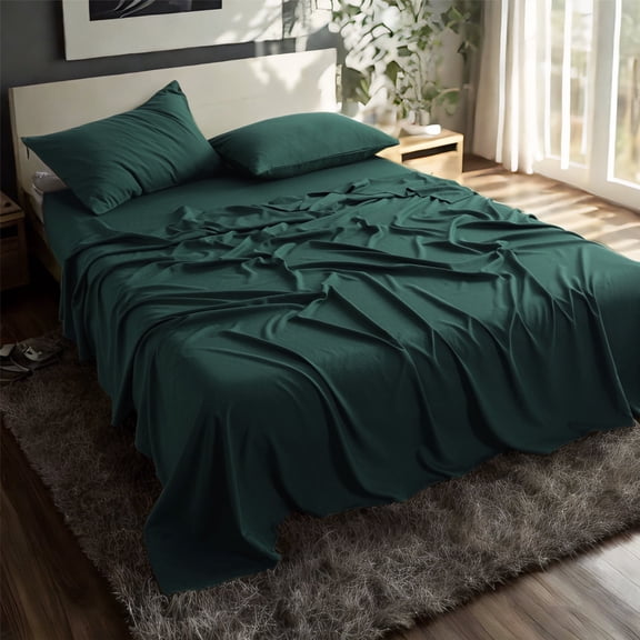 3 Pieces Sheet Set, Bed Sheets for Twin Size Bed, Rayon Derived from Bamboo, Cooling and Breathable Bedding for Hot Sleepers, Includes 1 Fitted Sheet, 1 Flat Sheet and 1 Pillowcase, Emerald Green
