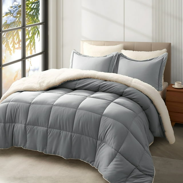 3 Pieces Sherpa & Fleece Fabric Comforter Set, Reversible Ultra Plush