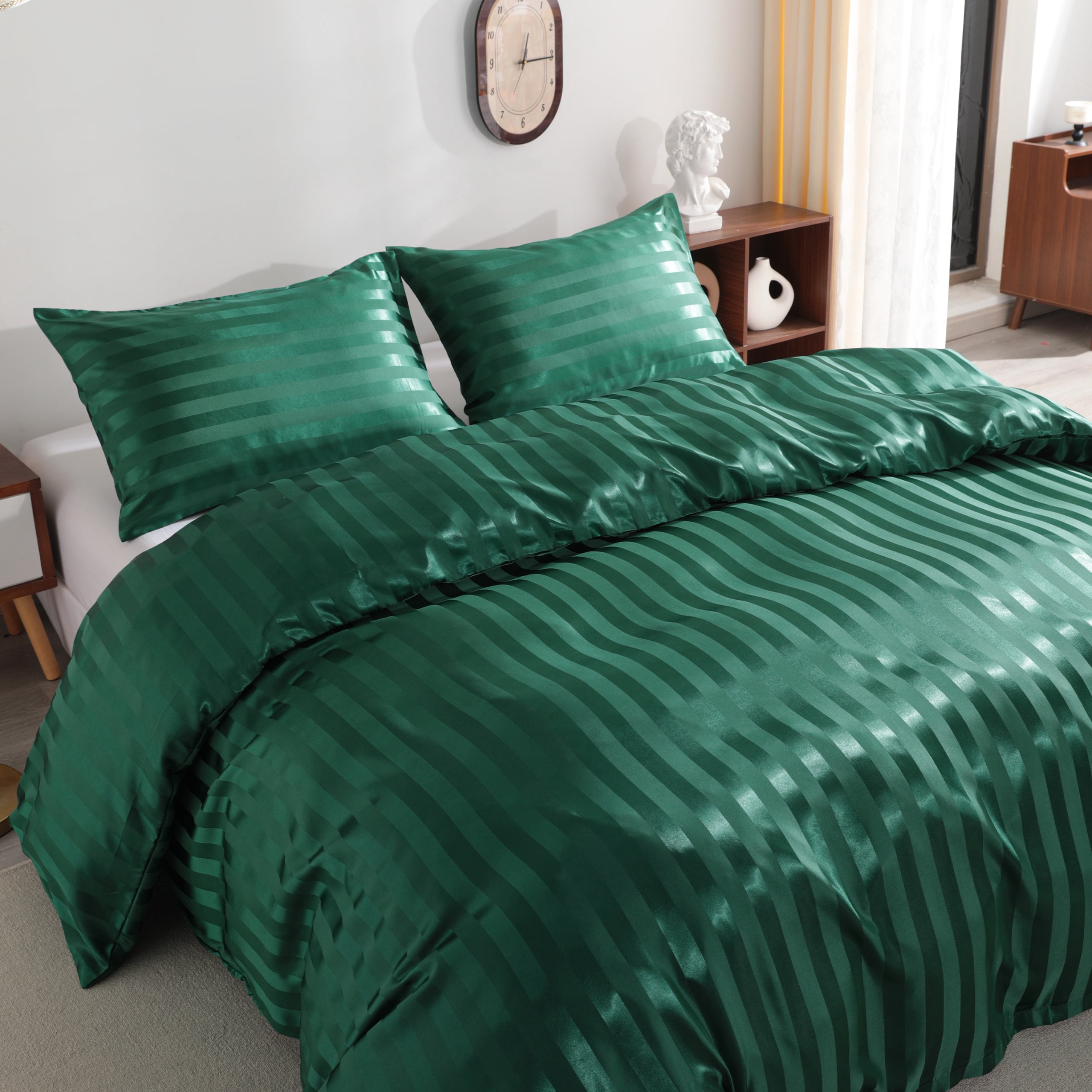 3 Pieces Silky Smooth Stripe Satin Duvet Cover Set, Luxury Duvet Cover Bedding Set, 1 Duvet Cover + 2 Pillow Cases (No Comforter), King, Dark Green
