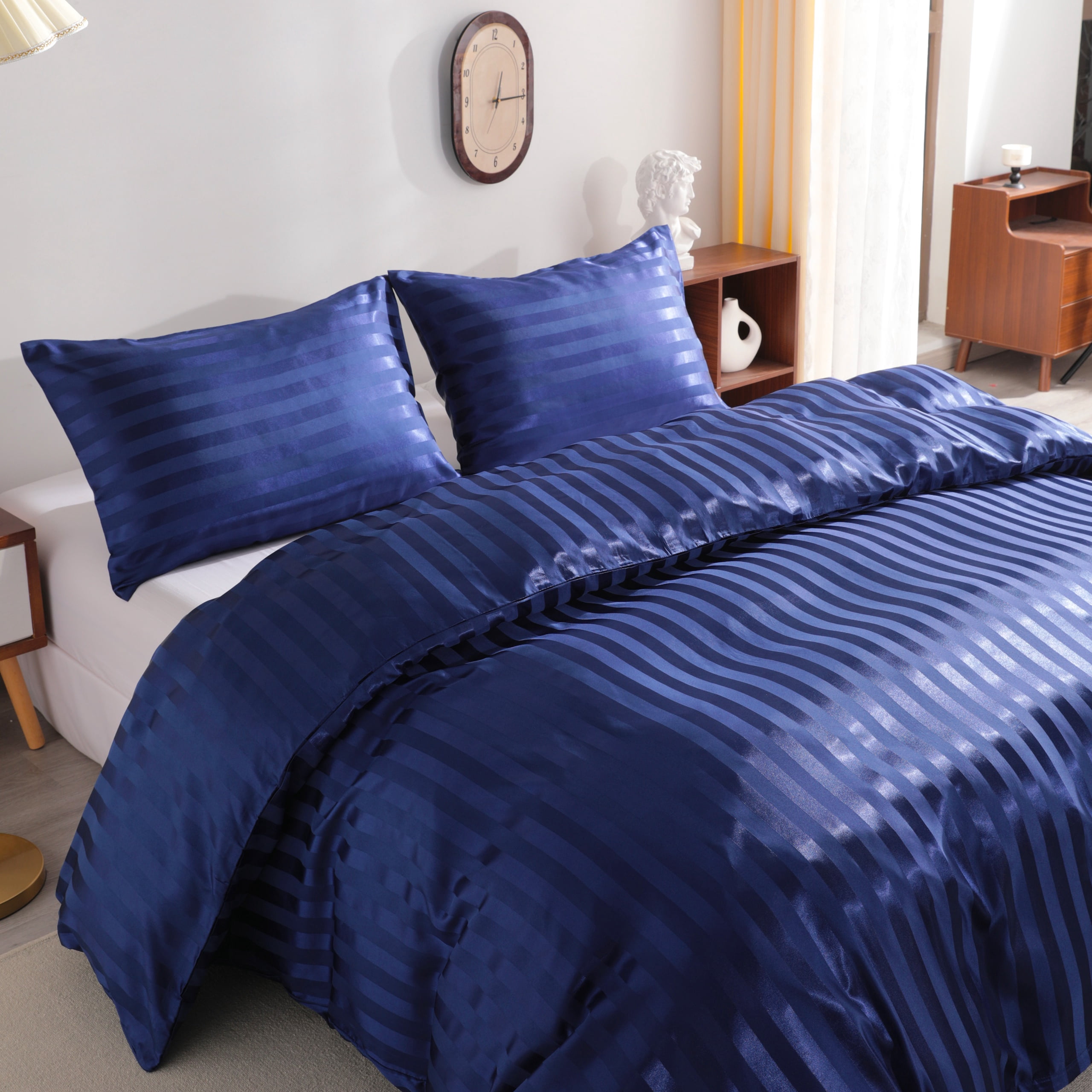 3 Pieces Silky Smooth Stripe Satin Duvet Cover Set, Luxury Duvet Cover Bedding Set, 1 Duvet Cover + 2 Pillow Cases (No Comforter), King, Navy Blue