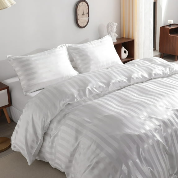 3 Pieces Silky Smooth Stripe Satin Duvet Cover Set, Luxury Duvet Cover Bedding Set, 1 Duvet Cover + 2 Pillow Cases (No Comforter), King, White