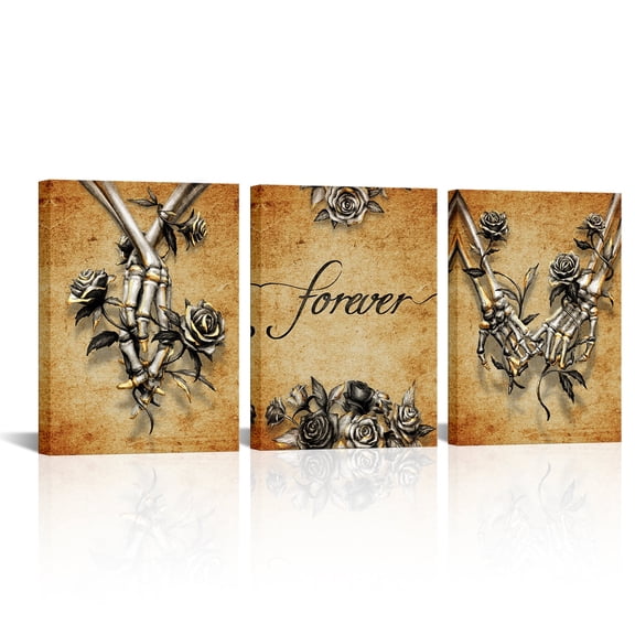3 Pieces Skeleton Hand Wall Art Hands Forever Hand Painting Canvas Prints Vintage Couples Love Hands Drawing Artwork Wall Pictures for Bedroom House Living Room Decoration