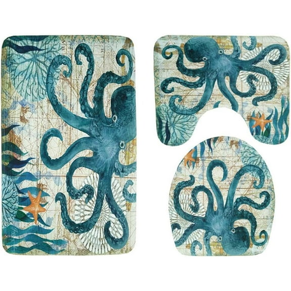 3 Pieces Soft Flannel Bathroom Mat Set Non-Slip Bathroom Rug Absorbent Toilet Mat Lid Cover Set Octopus